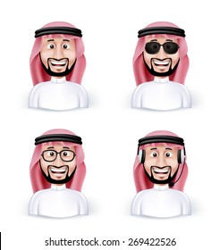 Set of 3D Dimension Saudi Arab Man in Different Professional and Business Man Characters and Avatars in traditional Cloths or Thobe Isolated in WHite Background. Editable Vector Illustration