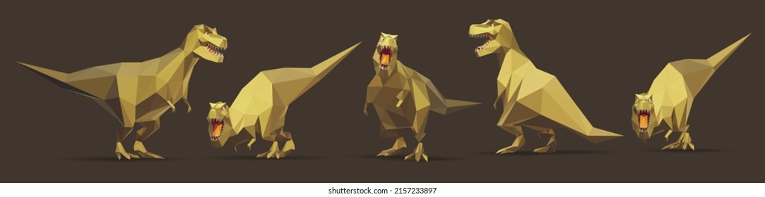 Set of 3d dinosaurs in different poses. Vector low poly mesh illustration