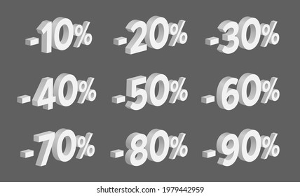 Set Of 3D Discount Isometric Numbers With Percentages. Vector Illustration