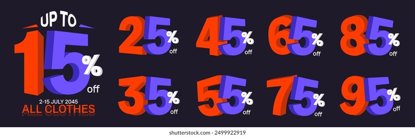 Conjunto de números de descuento 3D con Vector de confeti. Precio de colección de diseño de etiqueta. 10%, 20%, 30%, 40%, 50%, 60%, 70%, 80%, 90%, por ciento e ilustración en dólares.