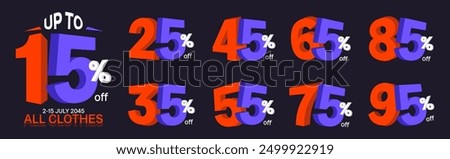 Set of 3D Discount numbers with confetti vector. Price off tag design collection. 10%, 20%, 30%, 40%, 50%, 60%, 70%, 80%, 90%, percent and dollar illustration.