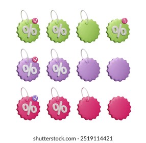 Set of 3D discount price tags isolated on white. Online shopping, special offer promo badge, percent sale discount sticker with notification sign, voucher coupon labels 3d vector render icon set.