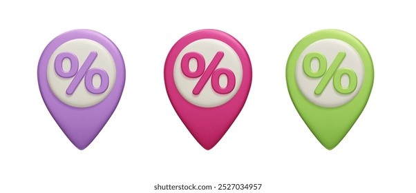 Set of 3D discount tag pins isolated on white. Colorful percent sign sale pointer, special offer label, promotion badge 3d render vector illustration.