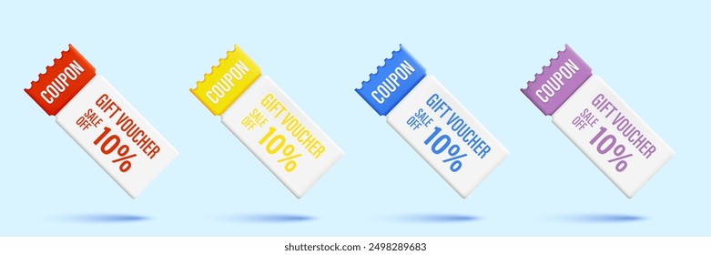 Conjunto de vales de descuento 3d 10% de descuento Cupón. El vale de regalo es rojo, azul, amarillo y púrpura. Diseño realista del Cupón del Vector para la venta grande, la oferta especial, y el voucher del descuento. Ilustración vectorial.