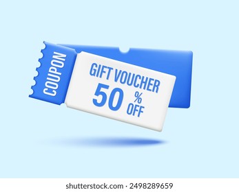 Conjunto de vales de descuento 3d 50% de descuento en el Cupón. El vale de regalo es de Cupón azul. Diseño realista del Cupón del Vector para la venta grande, la oferta especial, y el voucher del descuento. Ilustración vectorial.