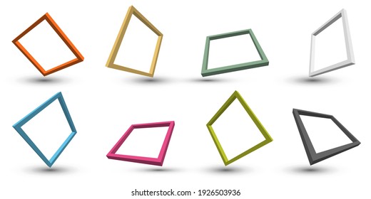 Set of 3D distort perspective square frame border with shadow isolated on white background. Vector illustration