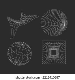 Set of 3D distorted digital shapes, grid. Vector illustration