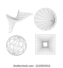 Conjunto de formas digitales distorsionadas 3D, cuadrícula. Ilustración del vector