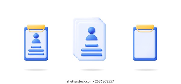Conjunto de ícones de documento 3D que representam a entrada e o acúmulo de dados pessoais. Conceito abstrato para perfis de usuário e gerenciamento de dados.