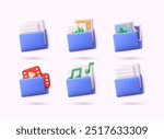 Set of 3d documents folders for management multimedia file: video, graphics, music, images. 3D Vector Illustrations.