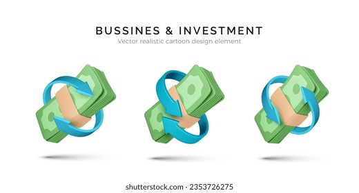 Set of 3D dollar bundle with circle arrows. Finance management. Currency exchange concept. Service for payment and cashback. Vector illustration