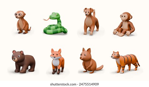 Set of 3D domestic and wild animals. Meerkat, snake, dog, monkey, bear, fox, quokka, tiger