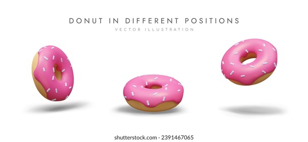 Set of 3D donuts with pink icing and sprinkles. Sweet decorated pastry. Dough products. Illustrations with shadows on white background. Isolated objects