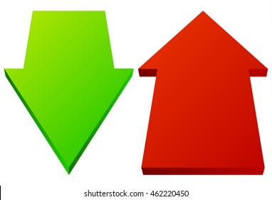 Set of 3d up down arrows in perspective. Green, red arrows.