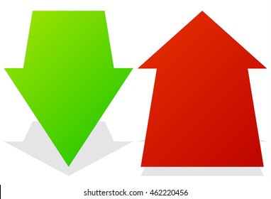 Set of 3d up down arrows in perspective. Green, red arrows.