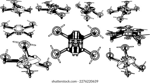 Set von 3D-Drone-Silhouetten aus verschiedenen Perspektiven, Fliegender Drone-Vektorgrafik-Kollektion, Silhouettensammlung aus der Luft, 3D-Drone-Modellrendern im Vektor-Format