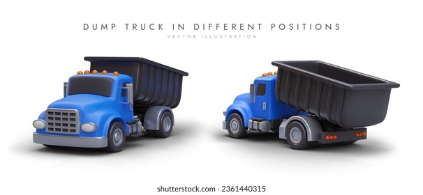 Set of 3D dump trucks in different positions. Vector object, front and back view. Specialized equipment for transportation of soil, bulk building materials. Color illustration with shadows