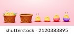 Set of 3D Easter chicks isolated on pink background. Some are in cracked eggs, some are in wicker basket