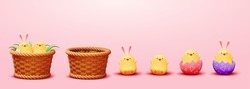 Set Of 3D Easter Chicks Isolated On Pink Background. Some Are In Cracked Eggs, Some Are In Wicker Basket