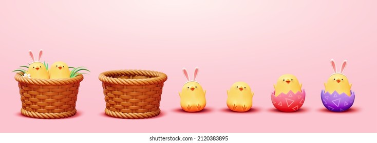 Set 3D Easter chicks isolated pink background  Some are in cracked eggs  some are in wicker basket