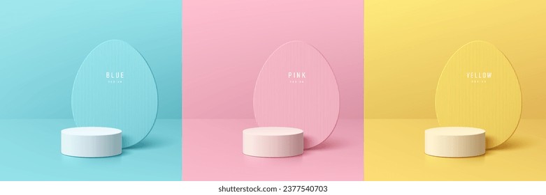 Set aus 3D-Osterhintergrund. Gelbes, blaues, rosa und weißes Podium mit Ei-Form-Hintergrund-Szene. Die minimalistischen abstrakten Zimmer in Pastellfarben. Sortieren Sie die Produktanzeige. Geometrische Plattformen. Stufenvorführung.