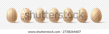 Set of 3D Easter golden eggs isolated on transparent background. Luxury eggs with different pattern. Decorative design elements for Easter design. Use for greeting card, promotion, poster, web banner.