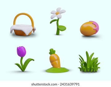 Set of 3D Easter illustrations in cartoon style. Colorful holiday icons