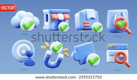 Set of 3D e-commerce icons featuring cloud storage, store, delivery box, shopping bag, user target, magnet, puzzle, and browser search; glossy vector elements ideal for digital design