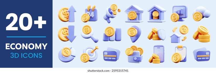 Set of 3D economy icons including arrows, calendar, bank, wallet, charts, megaphone, target, coins, smartphone, credit card, cloud. Glossy, trendy vector illustrations for finance.