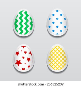 Set of 3d egg stickers with different patterns for Easter. Vector paper labels for festive design