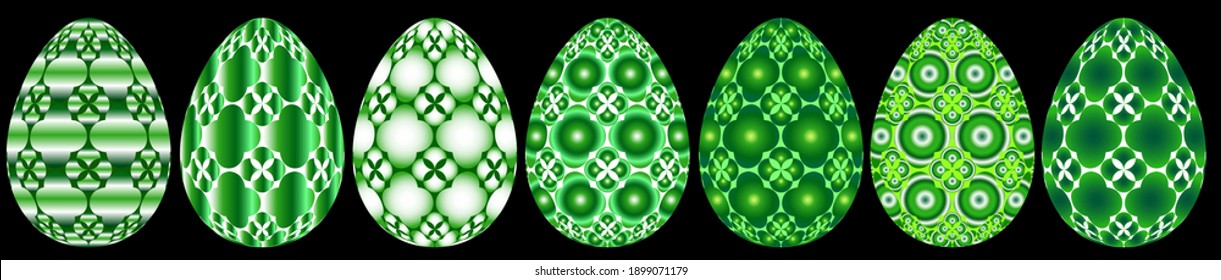 set of 3d eggs for the bright Easter holiday, the egg is painted with a mosaic of green color, isolated on a black background 