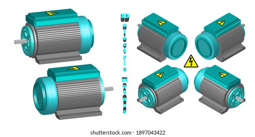 Set of 3D electric motors in six projections. Equipment is gray and cyan. EPS10