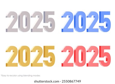 Set von eleganten und modernen 3D-Nummern 2025. Eine Variation verschiedener Farben. Einfach mit Mischmodi neu einfärben. Neujahr dekoratives Element. Vektorgrafik einzeln auf weißem Hintergrund