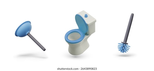 Set of 3D elements for bathroom hygiene concepts. Creative colored icons for site, application. Plunger, toilet with open lid, brush. Isolated templates