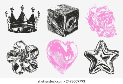 Set of 3d elements with retro photocopy effect. Futuristic grunge objects with metal. Crown, skull, cube, star, heart, flower. Trending Y2K vector illustration.