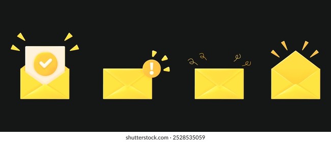 Um conjunto de ícones de e-mail 3D em envelopes amarelos em um plano de fundo preto. Representação do conceito de notificações, alertas e entrega de mensagens