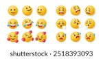 Set of 3d emoji. Emoticons expressing various emotions and feelings. Funny Yellow faces for communication on social networks. Realistic vector illustration collection isolated on white background