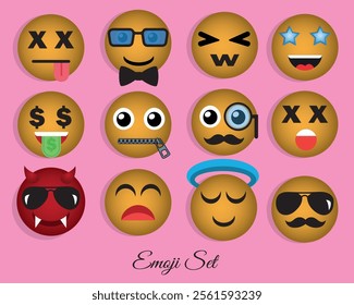 Set of 3d emoji. Emoticons expressing various emotions and feelings. Funny faces for communication on social networks. Realistic vector illustration collection isolated on pink background
