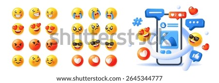 Set of 3d emoji. Funny Comic Emoticons for Social Media. Round yellow emoji expressing positive and negative emotions. Realistic cartoon vector illustration collection isolated on background