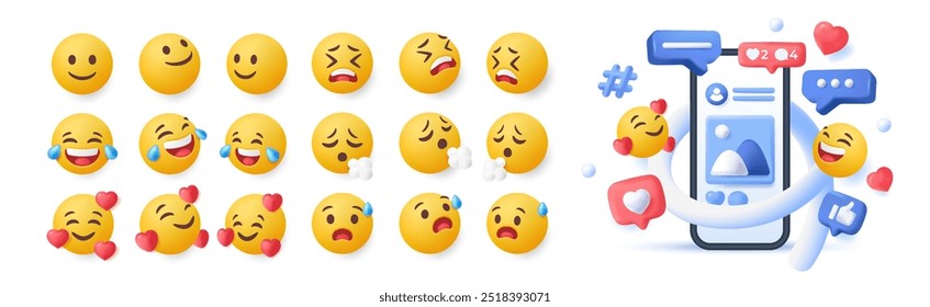 Set of 3d emoji. Funny yellow emoticons in various points of view. Charming faces expressing different emotions and feelings. Social Media Design. Realistic vector illustration isolated on background