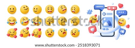 Set of 3d emoji. Funny yellow emoticons in various points of view. Charming faces expressing different emotions and feelings. Social Media Design. Realistic vector illustration isolated on background