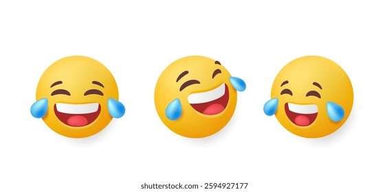 Set of 3d emoji. Stickers with laughing face expressing emotion of fun. Round yellow emoticons for communication in social networks. Realistic vector illustration collection in plasticine style