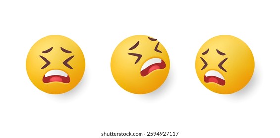 Set of 3d emoji. Stickers with upset face expressing sadness emotion. Round yellow emoticons for communication in social networks. Realistic vector illustration collection in plasticine style
