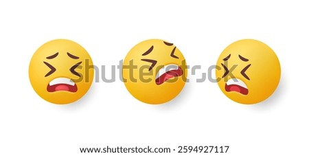 Set of 3d emoji. Stickers with upset face expressing sadness emotion. Round yellow emoticons for communication in social networks. Realistic vector illustration collection in plasticine style