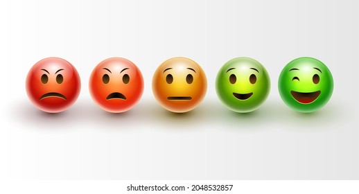 Conjunto de emoticonos 3d. emoticono de comentarios enojados, tristes, neutrales y felices, iconos rojos, anaranjados, amarillos y verdes, medidor de satisfacción del cliente