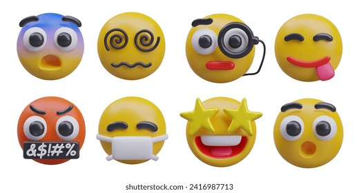 Set of 3D emoticons in cartoon style. Isolated vector templates showing different human reactions. Cute images on white background. Fear, dizziness, attention, pleasure, rage, sickness, delight, shock