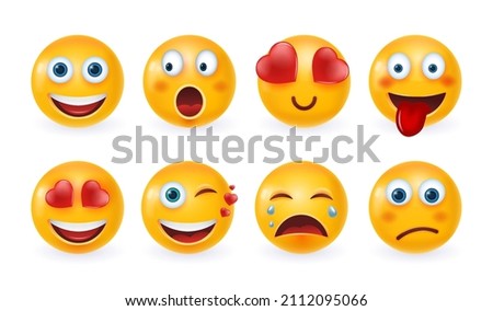 Set of 3d emoticons and emoji. Red heart emoji with in love, kiss, surprised and funny cute expression isolated on white background. Vector illustration.