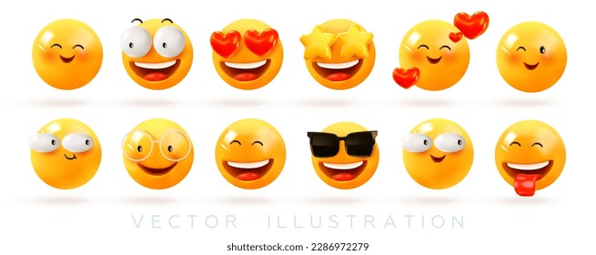 Conjunto de emoticonos 3d. Sonrisa, emociones positivas, emoji. Humor y expresión facial. Delicia, amor, sorpresa, admiración, alegría y risas. Ilustración del vector