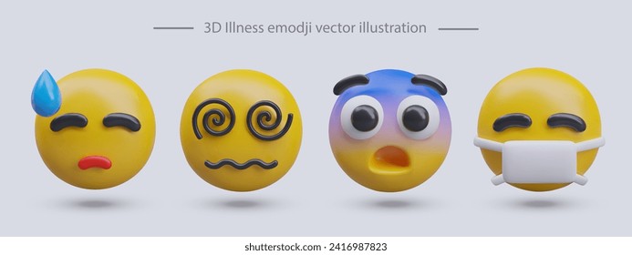 Set of 3D emoticons that are not feeling well. Cold sweat, dizziness, blue forehead, medical mask. Illness, weakness. Vector faces in plasticine style