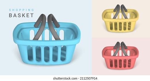 Set of 3d empty blue, red and yellow shopping baskets. Shopping concept. Vector illustration.